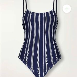 Lemlem Elene Nunu Navy White Vertical Stripe Classic One Piece Swimsuit Size L